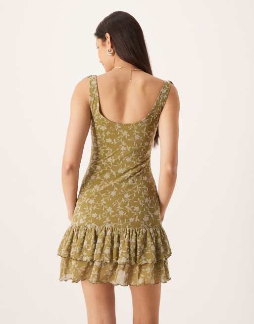 Motel Wino mini dress with double ruffle hem in flocked olive floral, 2 of 4