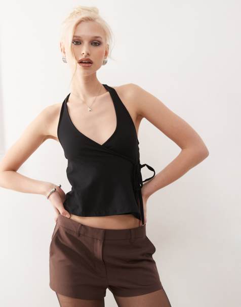 Motel Wisty wrap detail halter top in black - view 1