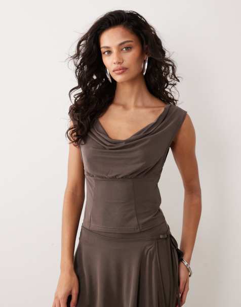 Motel Wiyana cowl neck cupro top in dark brown (part of a set) - view 1