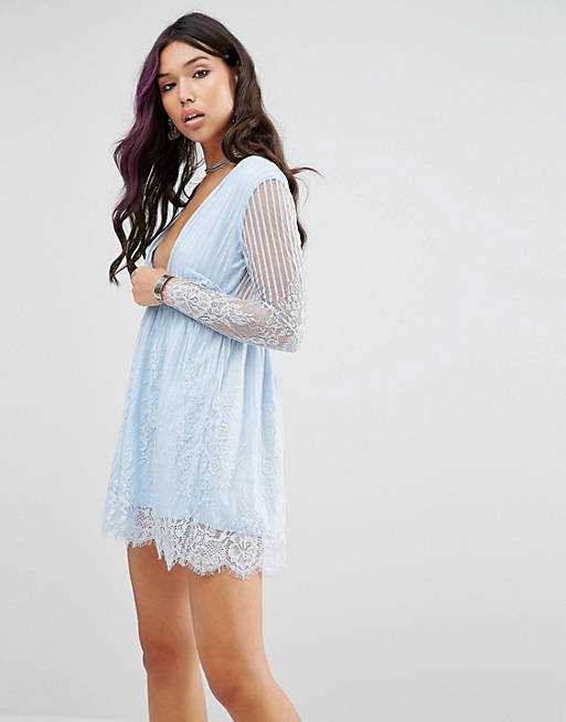 Motel Wrap Front Skater Dress In Delicate Lace