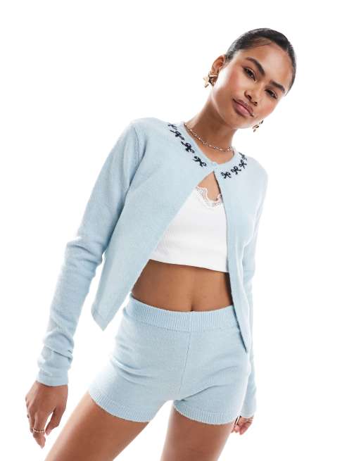 Motel Wunara embroidered detail mini cardigan in light blue (part of a set)