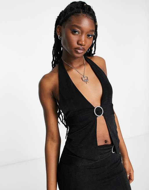 Linen Blend Split Front Halter Top in Black