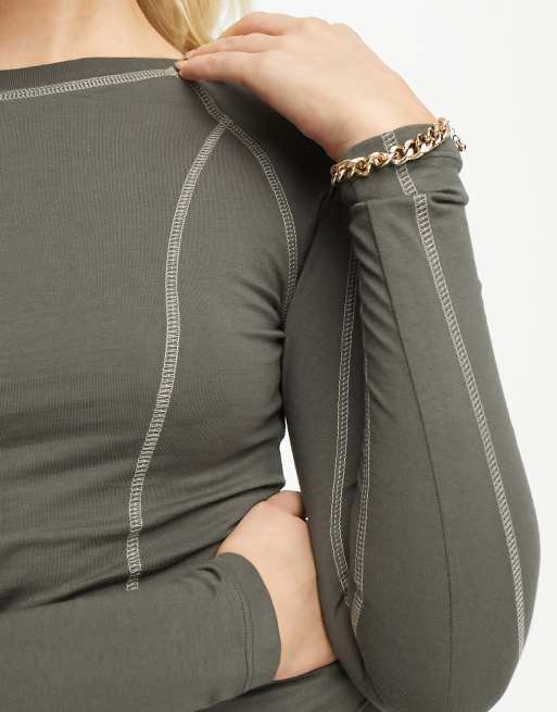 Motel y2k stitch detail long sleeve top in gunmetal grey, 3 of 4