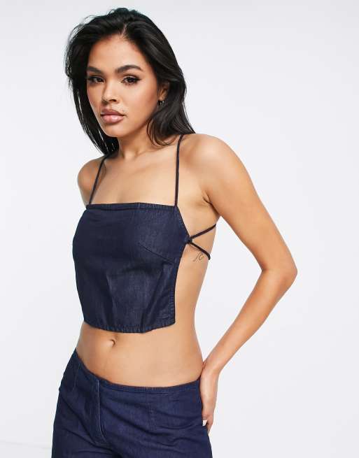 Motel Y2K strappy back cami top in indigo chambray co-ord