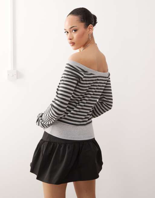 Motel Yacin slouchy stripe long sleeve top in grey black