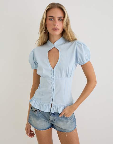 Motel - Yamila - Blouse à manches bouffantes et découpe goutte d'eau - Bleu glacier - view 1