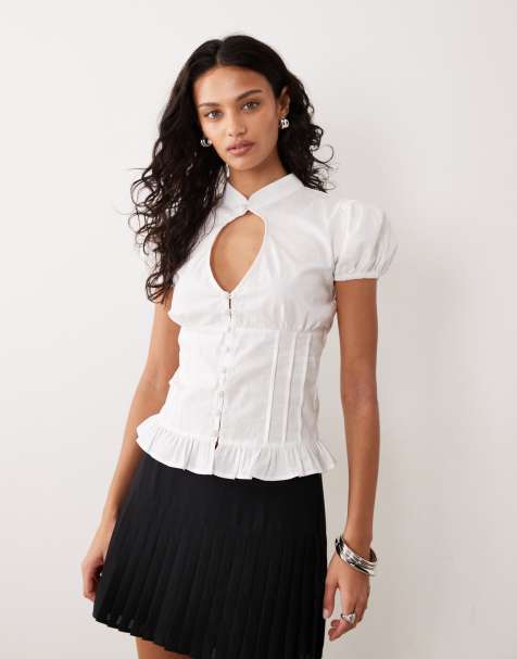 Motel - Yamila - Blouse met pofmouwen en keyhole-opening in wit - view 1