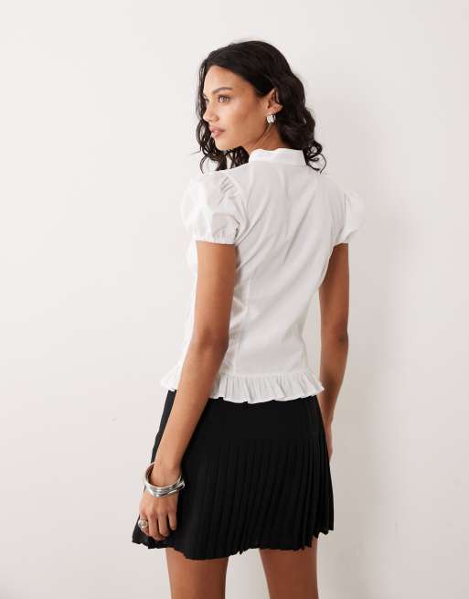 Motel - Yamila - Blusa bianca con apertura a goccia e maniche a sbuffo, 4 di 4