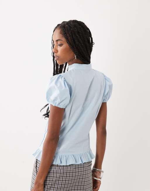 Motel Yamila puff sleeve keyhole blouse in ice blue | ASOS