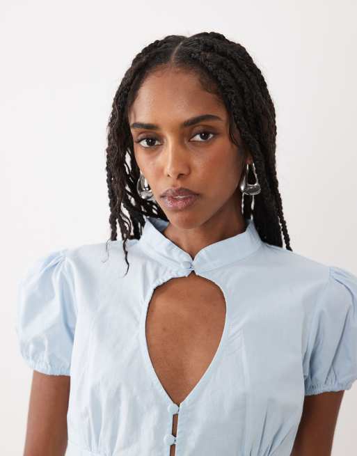 Motel Yamila puff sleeve keyhole blouse in ice blue | ASOS