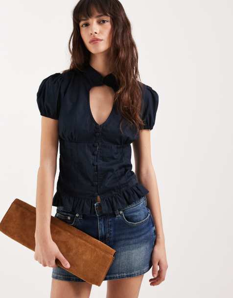 Motel Yamila puffle sleeve keyhole blouse in navy - view 1