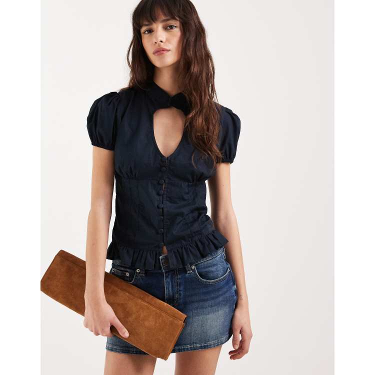 Rhinestone Embellished Keyhole Blouse