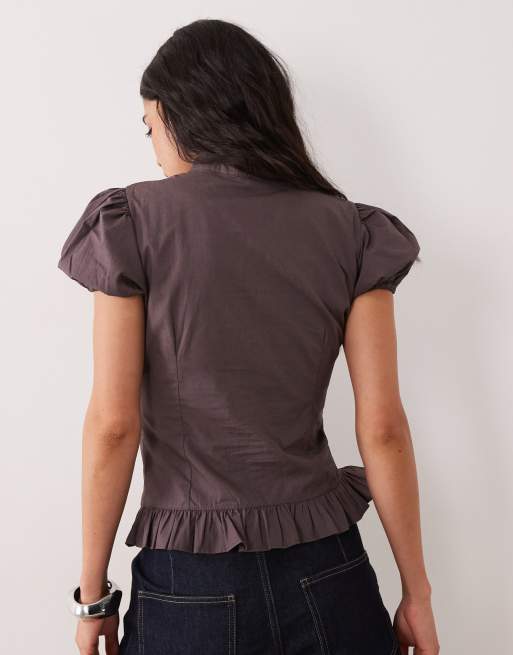 Motel Yamila puffle sleeve keyhole blouse in peppercorn, 4 of 4