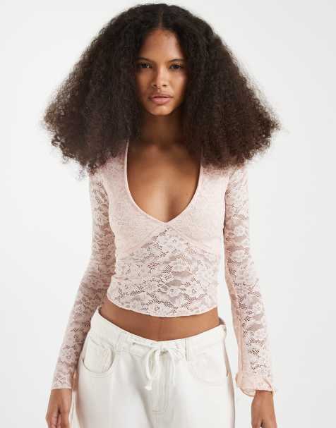 Motel Yamuna long sleeve lace top in soft pink - view 1