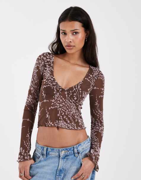 Motel Yamuna long sleeve moonlit blossom scoop neck top in brown - view 1