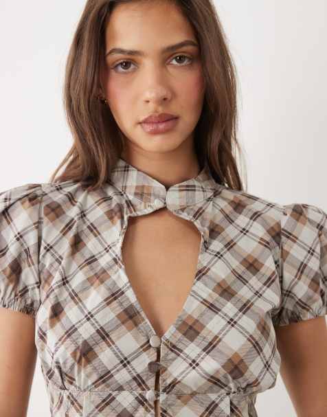 Motel Yasuda angled check blouse in Brown co-ord - view 1