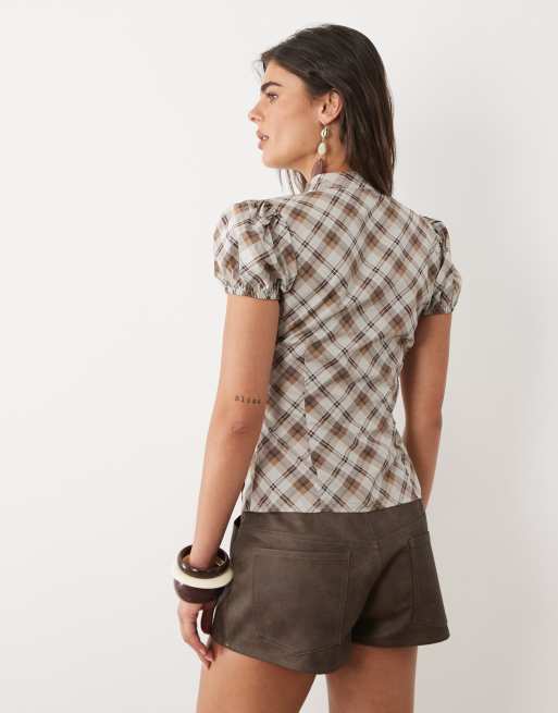 Motel Yasuda angled check blouse in Brown co-ord, 4 of 4