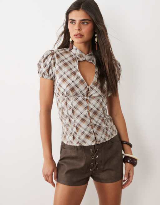 Motel Yasuda angled check blouse in brown (part of a set), 3 of 4