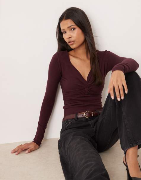 Motel Yenari wrap detail long sleeve knit top in plum