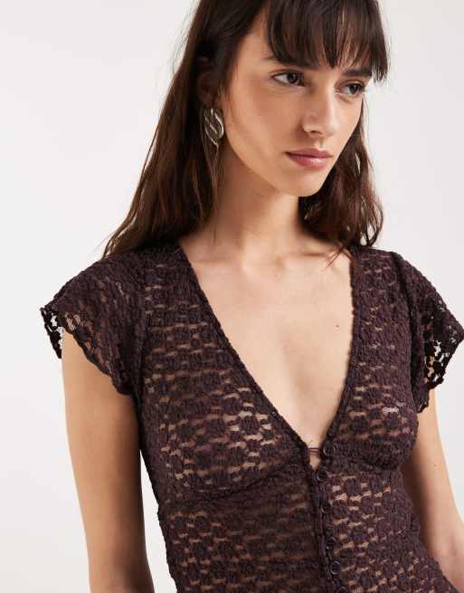 Motel - Yeslin - Top boutonné en dentelle à col V - Prune foncé, 3 de 4