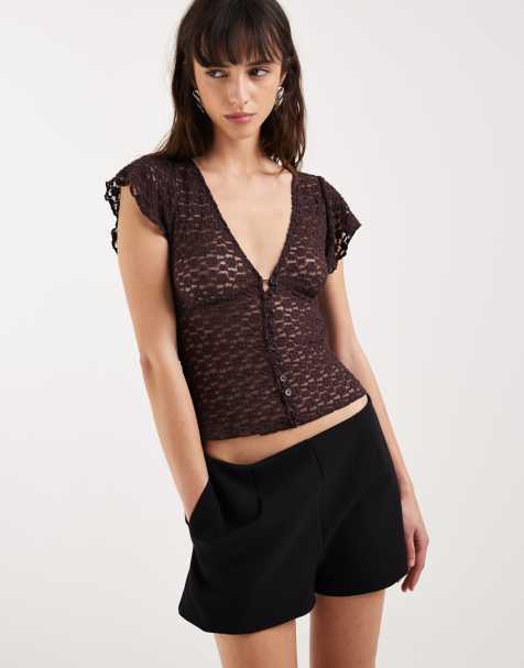 Motel Yeslin v neck button up lace top in dark plum - view 1