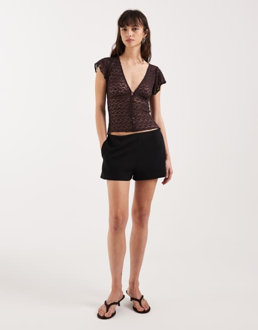 Motel Yeslin v neck button up lace top in dark plum, 2 of 4