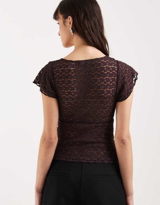 Motel Yeslin v neck button up lace top in dark plum, 4 of 4
