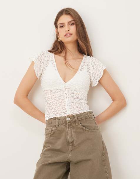 Motel Yeslin v-neck button up lace top in white - view 1