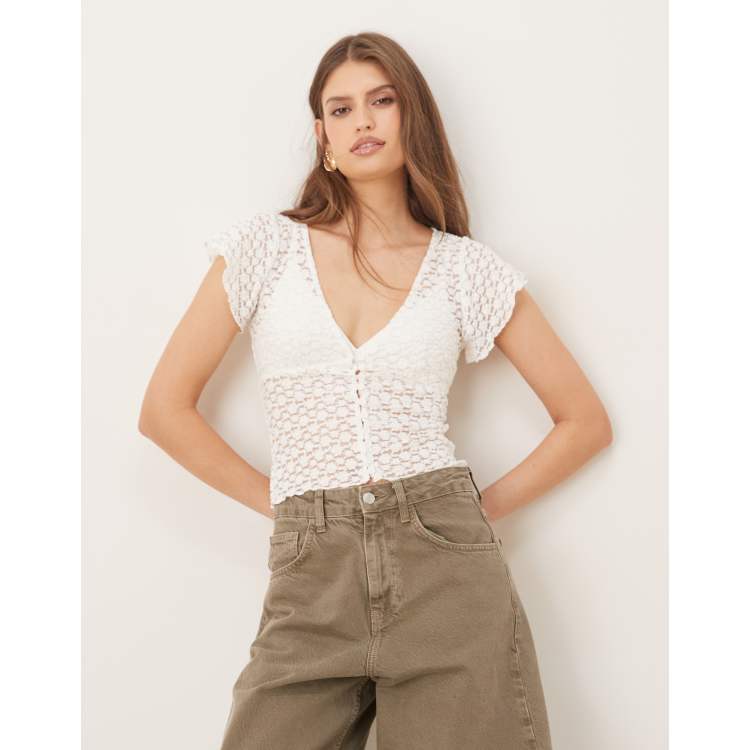 Motel Yeslin v neck button up lace top in white | ASOS