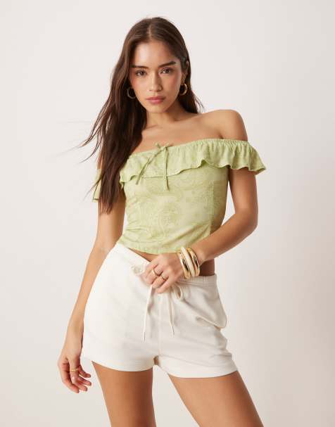 Motel yokai retro paisley print bardot top in lime - view 1