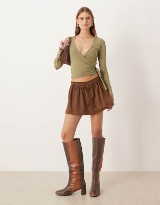 Motel Yonca Suede Ruffle Mini Skort In Brown