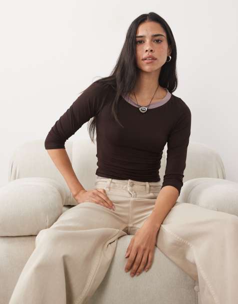 Motel Yones double-layer long sleeve top in chocolate brown - view 1