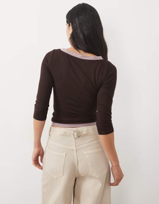 Motel Yones double-layer long sleeve top in chocolate brown, 4 of 4