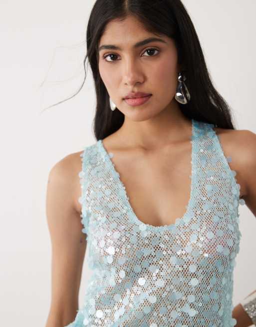 Motel Yorenda cami top in sequin blue, 3 of 4