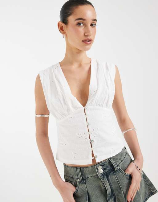 Motel Yoshino plunge broderie top in white, 2 of 4