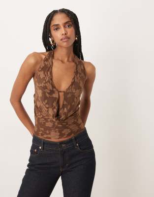 Motel Yukari Burnout Mesh Floral Plunge Halter Top In Brown