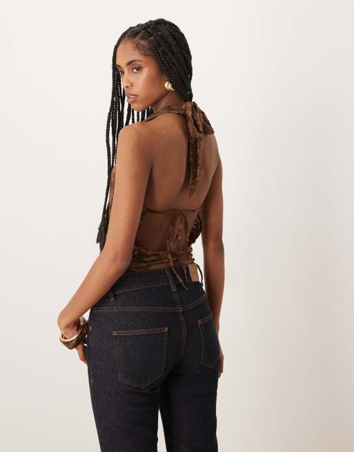 Motel Yukari burnout mesh floral plunge halter top in brown, 3 of 4