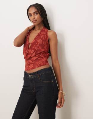 Motel Yukari Burnout Mesh Floral Plunge Halter Top In Red