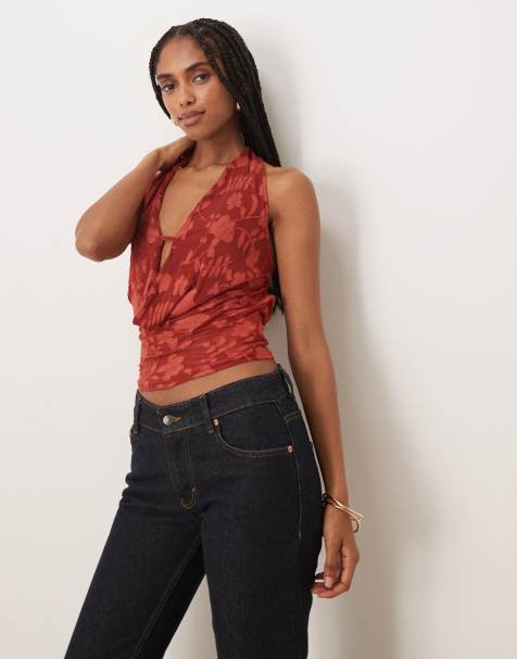 Motel Yukari burnout mesh floral plunge halter top in red