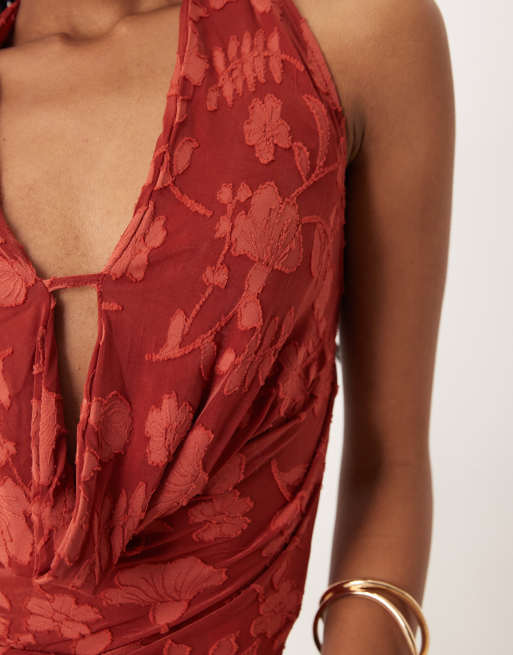 Motel Yukari burnout mesh floral plunge halter top in red, 2 of 4