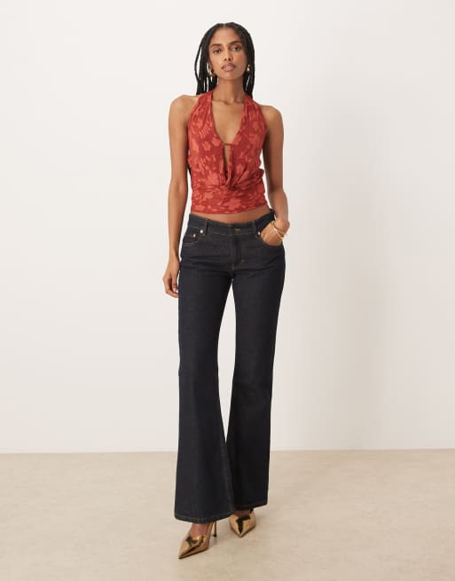 Motel Yukari burnout mesh floral plunge halter top in red, 3 of 4