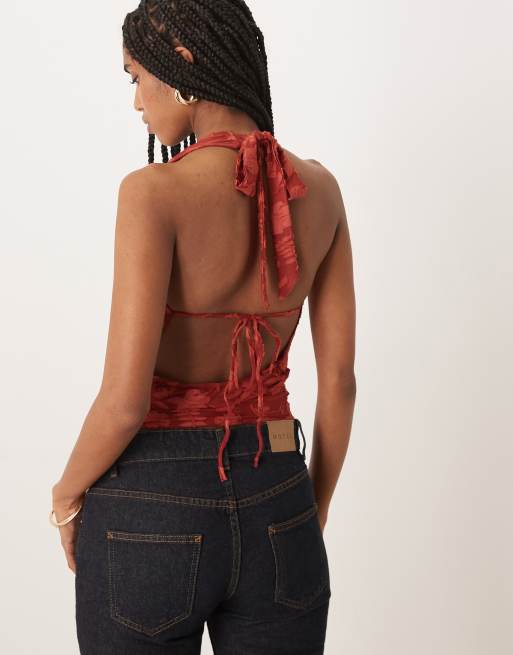 Motel Yukari burnout mesh floral plunge halter top in red, 4 of 4