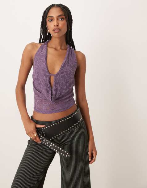 Motel Yukari jacquard floral plunge halter top in purple