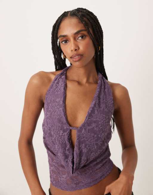 Motel Yukari jacquard floral plunge halter top in purple, 2 of 4