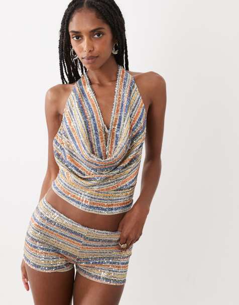 Motel yukari sequin cowl halter top co-ord in multi stripe - view 1