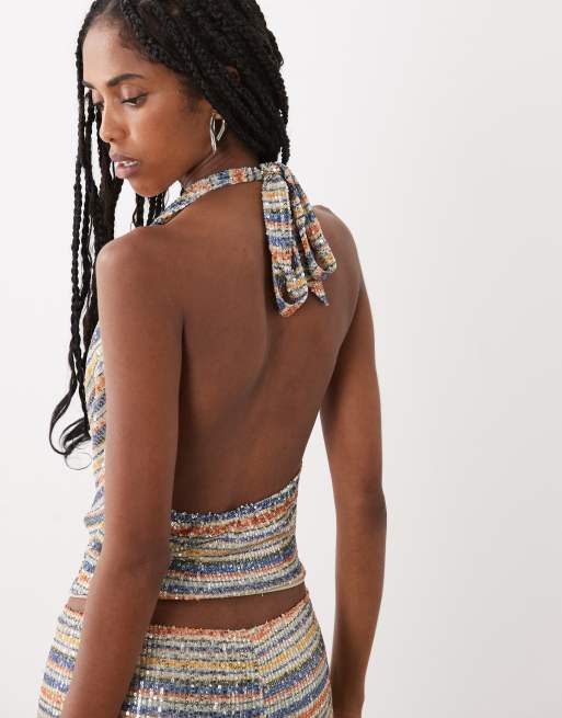 Motel yukari sequin cowl halter top co-ord in multi stripe, 5 of 5
