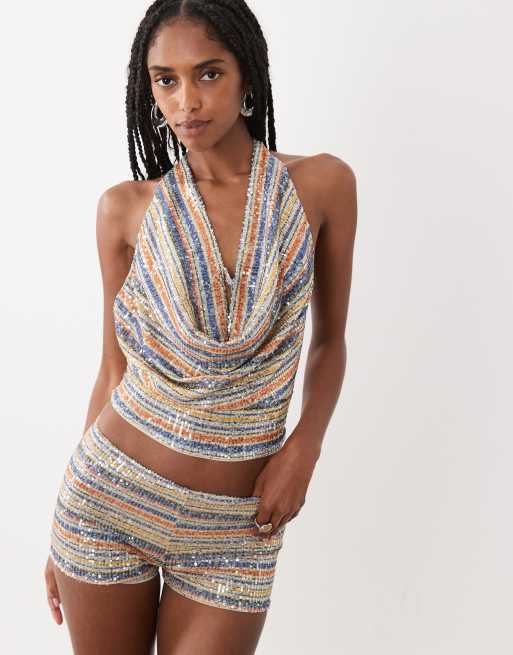 Motel yukari sequin cowl halter top in multi stripe, 2 of 5
