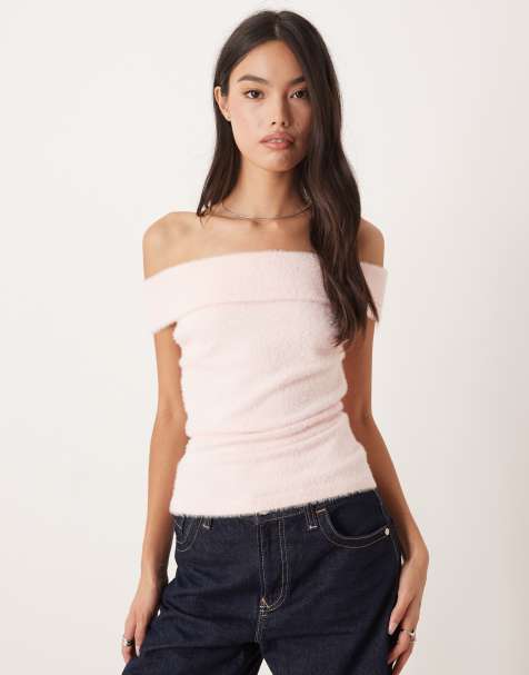 Motel Yurian off shoulder soft knit short sleeved top in pink - view 1