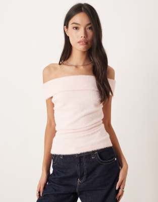 Motel Yurian Off The Shoulder Soft Knit Short Sleeve Top In Pink