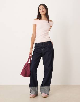 Motel Yurian Off The Shoulder Soft Knit Short Sleeve Top In Pink